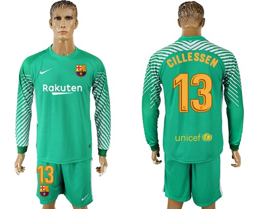 Barcelona #13 Cillessen Green Goalkeeper Long Sleeves Soccer Club Jersey - Click Image to Close
